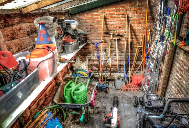 Outils de jardin rangés dans un abri en bois