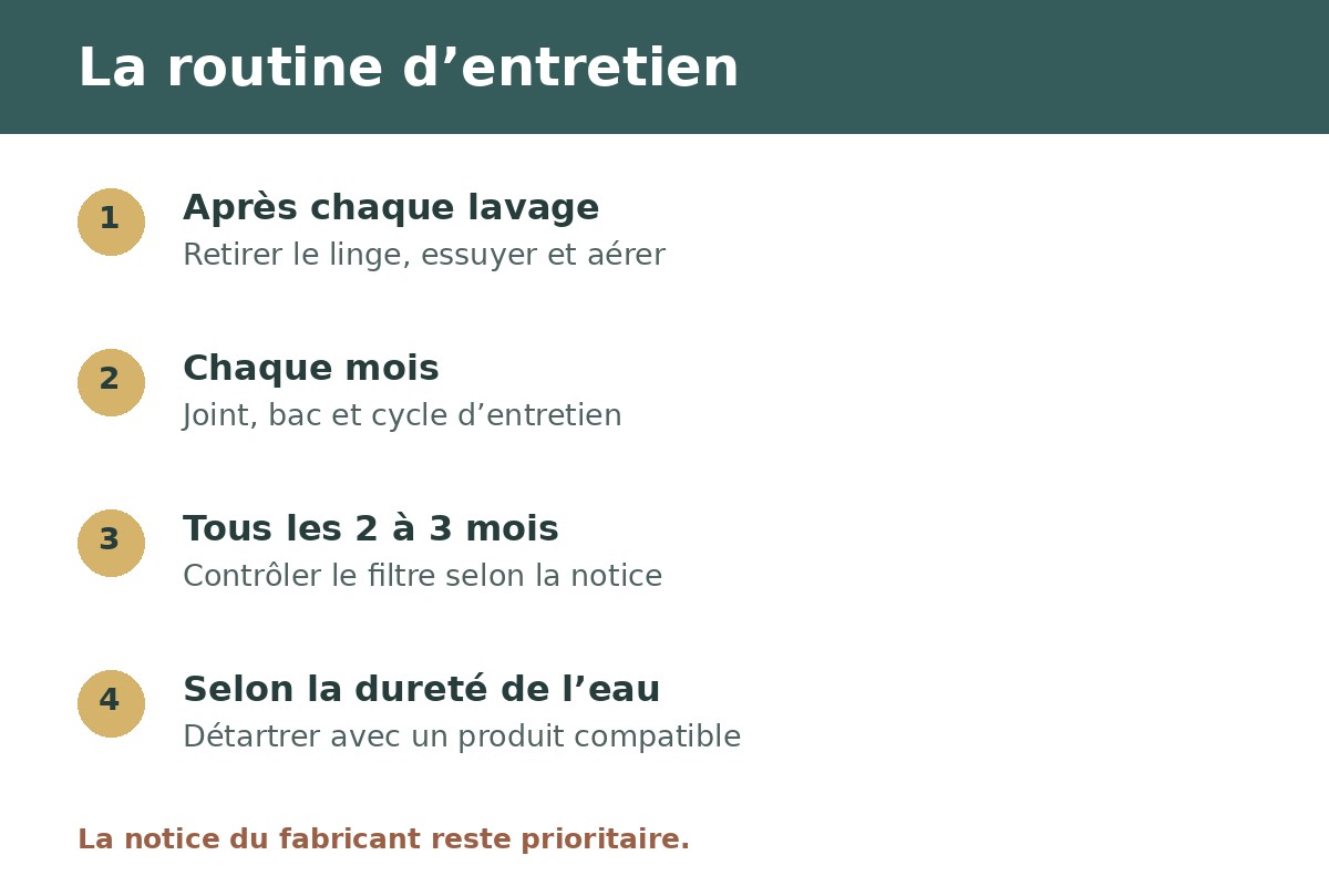 Calendrier d’entretien du lave-linge après chaque lavage, chaque mois et tous les trois mois